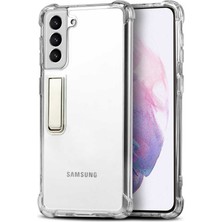 Case 4U Samsung Galaxy S21 Plus Uyumlu Kılıf Darbe Emici Standlı Süper Silikon Kapak Şeffaf