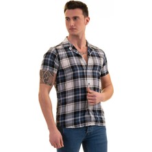 Exve Exclusive Lacivert Gri Beyaz Ekoseli Pamuk Nefes Alan Slim Fit Kısa Kollu Erkek Gömlek