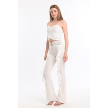 Sense Kemerli Volanlı Scuba Krep Pantolon | PNT32716 Ekru