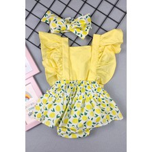 Ada Bebek Çocuk Kız Bebek Fırfırlı Limon Desenli Bandanalı Salopet Takım