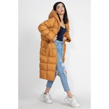 Vpr Moda Kapüşonlu Uzun Oversize Şişme Kadın Mont - Hardal