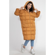 Vpr Moda Kapüşonlu Uzun Oversize Şişme Kadın Mont - Hardal