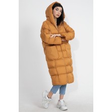 Vpr Moda Kapüşonlu Uzun Oversize Şişme Kadın Mont - Hardal
