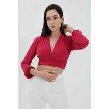 Vapur Derin V Yaka Crop Bluz - Fuşya