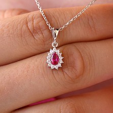 Kırmızı Beyaz Taşlı Minimal Anturaj Damla Gümüş Kolye