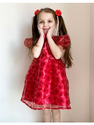 Little Honey Bunnies FW21 Kırmızı Balon Kol Fiyonklu Kısa Kol Kız Çocuk Organze Elbise