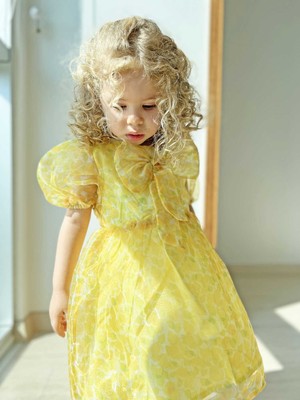 Little Honey Bunnies FW21 Limon Desenli Sarı Balon Kol Fiyonklu Kısa Kol Kız Çocuk Organze Elbise