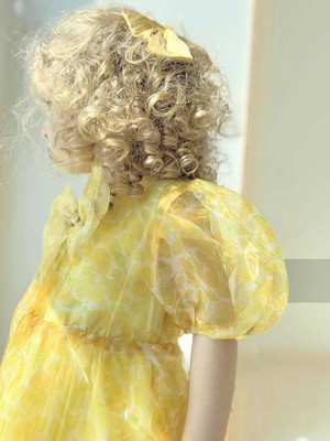 Little Honey Bunnies FW21 Limon Desenli Sarı Balon Kol Fiyonklu Kısa Kol Kız Çocuk Organze Elbise
