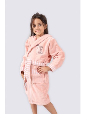 Ecocotton Balerin Kız Çocuk Bornoz %100 Organik Pamuk Nakışlı Pudra