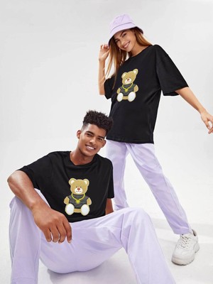 Unisex Ekose Ayıcık Detaylı Oversize Rahat T-Shirt