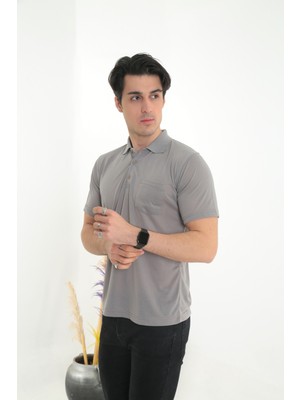 KMK Kombin Erkek Polo Yaka Cepli Düz Model Gri Tişört T-Shirt XL Kol Boyu