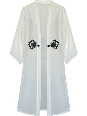 Brodeli Vual Kimono Kaftan Beyaz