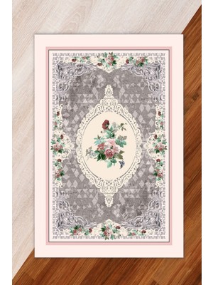 Miray Tekstil İpek Kadife Gri Pembe Renkli Göbekli Desen Lastikli Halı Örtüsü