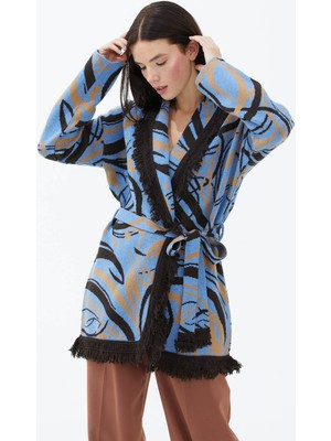 Sementa Şal Yaka Püsküllü Kemerli Çizgili  Triko Hırka - Mavi