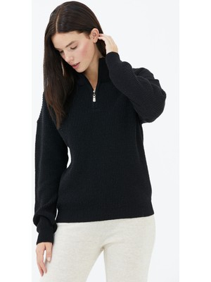 Sementa Yarım Balıkçı Yaka  Fermuarlı Triko Kazak - Siyah