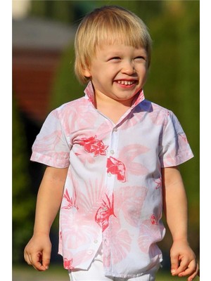 Breeze Erkek Çocuk Gömlek Yaprak Desenli Çiçekli Mercan Pamuk Soft (10-16 Yaş)