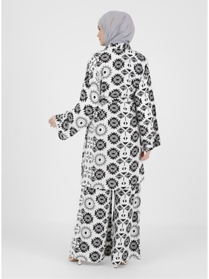 Refka Geometrik Desenli Kimono&pantolon Ikili Takım - Siyah Beyaz - Refka Casual
