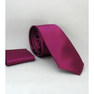 Mürdüm Slim Fit (Ince) Düz Renk Mendilli Saten Kravat.