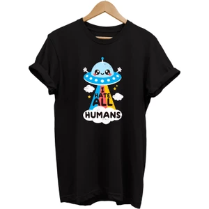 Uzaylı Baskılı  Pamuk Oversize T-Shirt Büyük Beden Tişört