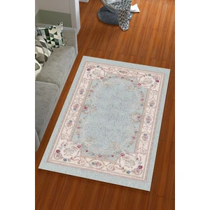 Miray Tekstil İpek Kadife Pembe Mavi Renkli Çerçeve Desen Lastikli Halı Örtüsü