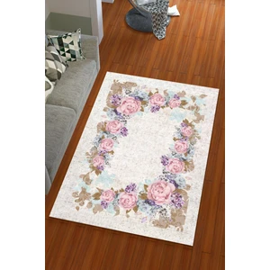 Miray Tekstil İpek Kadife Pembe Mavi Renkli Büyük Çiçek Desen Lastikli Halı Örtüsü