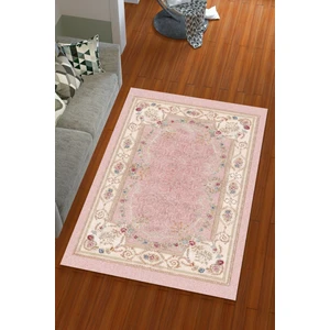 Miray Tekstil Ipek Kadife Pembe Renkli Çerçeve Desen Lastikli Halı Örtüsü