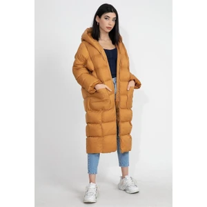 Vpr Moda Kapüşonlu Uzun Oversize Şişme Kadın Mont - Hardal