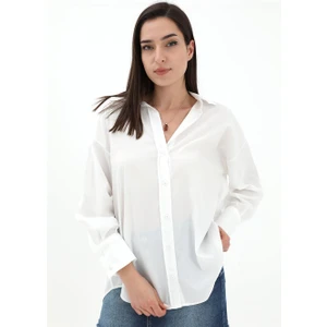 V Yaka Poplin Kumaş Gömlek - Ekru