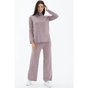 Tam Balıkçı Yaka Kazak Pantolon Triko Takım - Gül