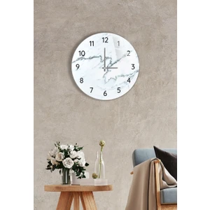 Duvar Saati - Cam - Sessiz Akar -Siyah Beyaz Mermer Çap 37