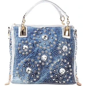 Kadın Denim Çanta Taşlı Çiçekli Omuz Çantası Satchel Gümüş Çantalar (Yurt Dışından)