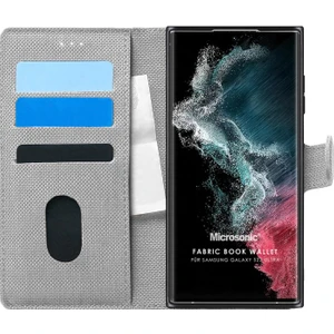 Samsung Galaxy S22 Ultra Kılıf Fabric Book Wallet Gri