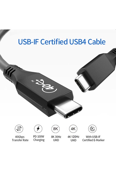 Paugge USB4PD100W08 Usb-If Sertifikalı 40GBPS, PD100W, 8k 30Hz, 4K 120Hz, 4K 60Hz, HDr - 0.8 mt USB 4 Kablo