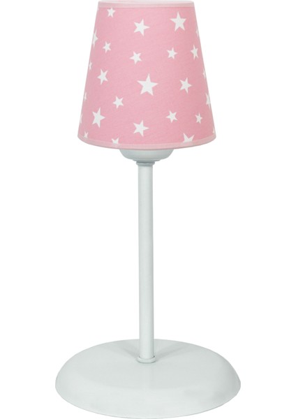 Çocuk Odası Konik Kumaş Küçük Abajur-Pembe Beyaz Yıldız