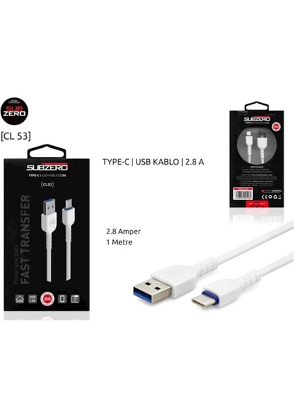 Type-C Telefon Şarj Kablosu 2.8A Hızlı Şarj Destekli 2.8A Subzero CL53