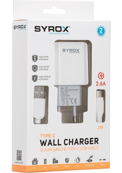 J48 Hızlı Şarj Type-C Usb-C Kablolu Duvar Şarj Aleti 2.6A Beyaz