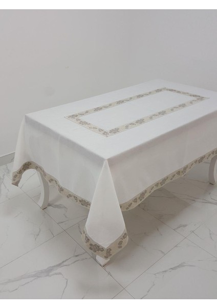 Nergis Lüx Jakar Bordürlü Keten Kumaş Krem Masa Örtüsü Dikdörtgen 160x230 cm - 1136