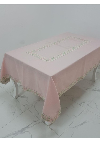 Nergis Lüx Jakar Bordürlü Keten Kumaş Pudra Masa Örtüsü Dikdörtgen 160x230 cm - 1137