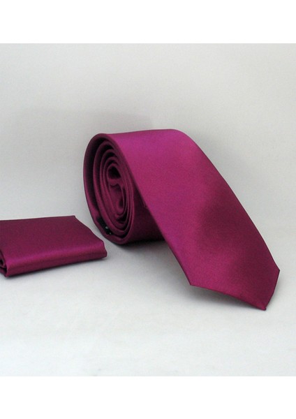 Mürdüm Slim Fit (Ince) Düz Renk Mendilli Saten Kravat.