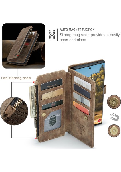 Samsung Galaxy S22 Ultra 5g Için Vintage Pu Deri Çok Fonksiyonlu Flip Cüzdan Fermuar Kılıf Kart Yuvaları Standı Kapağı Kahverengi (Yurt Dışından) modelleri