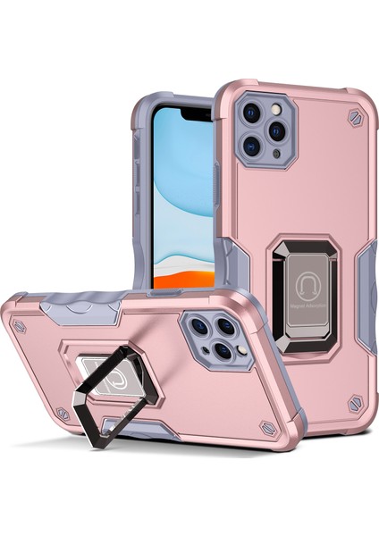 iPhone 11 Pro Için Metal Halka Tutucu Stand Çift Katmanlı Telefon Koruyucu Kılıf Pembe (Yurt Dışından)