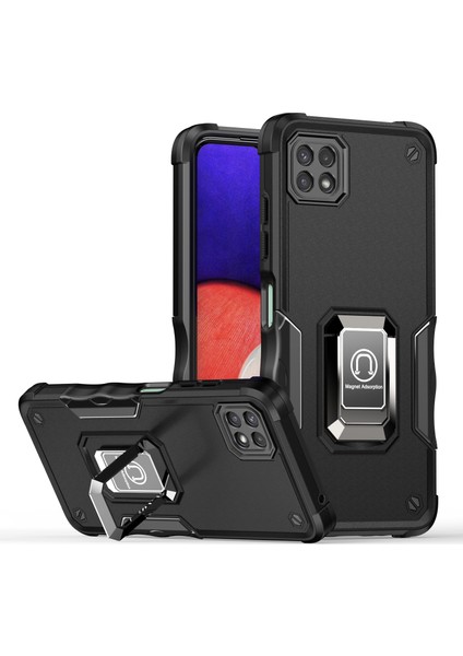 Samsung Galaxy A22 5g Için Metal Halka Tutucu Stand Çift Katmanlı Telefon Koruyucu Kılıf Siyah (Yurt Dışından)