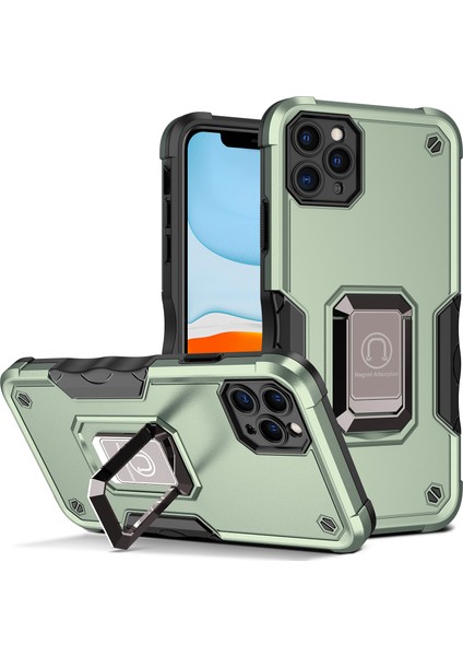 iPhone 11 Pro Için Metal Halka Tutucu Stand Çift Katmanlı Telefon Koruyucu Kılıf Yeşil (Yurt Dışından)