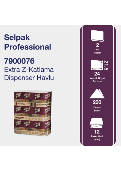 Selpak Professional Extra Z Katlı Dispenser Havlu 200x12adet 21,5x24cm 36gr/m2 (7900076)