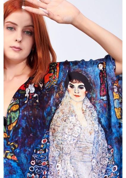 Kimono Ipek Mavi Kaftan Pareo Gustav Klimt