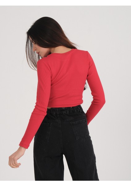 Kadın Kırmızı Uzun Kollu Crop Bluz fırsatları