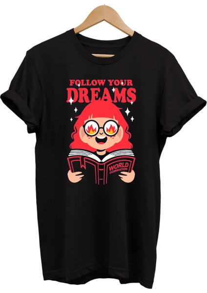 Follow Your Dreams Baskılı Pamuk Oversize T-Shirt Büyük Beden Tişört