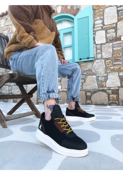 XON1606 Bağcıklı Rahat Yüksek Taban Siyah Casual Erkek Spor Ayakkabı