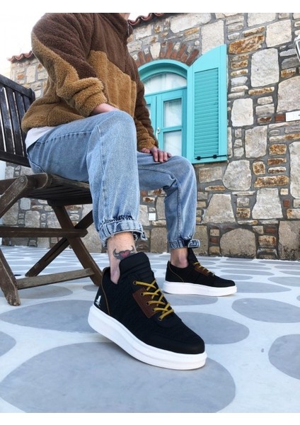 XON1606 Bağcıklı Rahat Yüksek Taban Siyah Desenli Casual Erkek Spor Ayakkabı