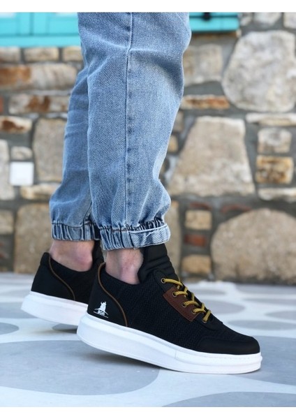 XON1606 Bağcıklı Rahat Yüksek Taban Siyah Desenli Casual Erkek Spor Ayakkabı